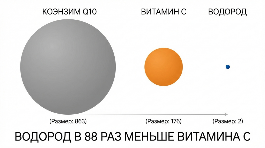 Размер молекулы водорода в сравнении с антиоксидантами